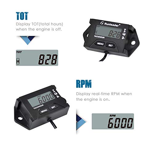  [AUSTRALIA] - Runleader Digital Hour Meter Tachometer, Maintenance Reminder, Alert RPM Reminder, Initial hours Settable, User shutdown, Use for ZTR Lawn Mower Generator Marine ATV Motor and Gas Powered Equipment