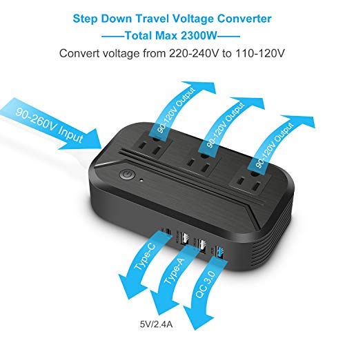  [AUSTRALIA] - Voltage Converter 2300W Power Step Down 220V to 110V Universal Travel Adapter Power Converter Power Transformer w/ 3 AC Outlets 3 USB Ports 1 Type-C Charging EU/UK/AU/US/IT/South Africa Black