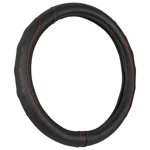  [AUSTRALIA] - Motor Trend GripDrive Synthetic Leather Auto Car Steering Wheel Cover Black w/ Red Accent Stitching Comfort Grip - Standard 15 inch Black with Red