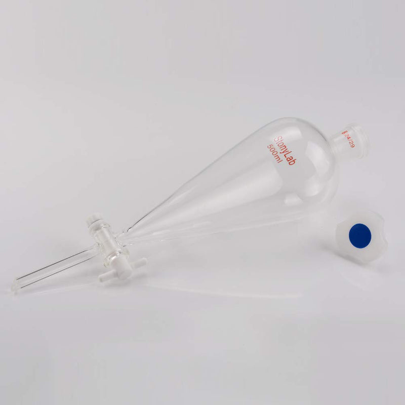 StonyLab Borosilicate Glass 500ml Heavy Wall Conical Separatory Funnel with 24/29 Joints and PTFE Stopcock - 500ml - LeoForward Australia