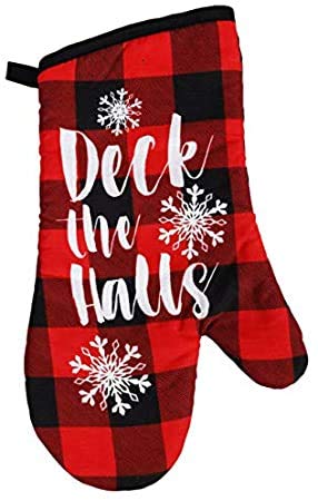  [AUSTRALIA] - Greenbrier Deck The Halls Buffalo Plaid in Red & Black 5 Piece Kitchen Linen Set : Includes (1) Oven Mitt, (2) Pot Holders, and (2) Towels