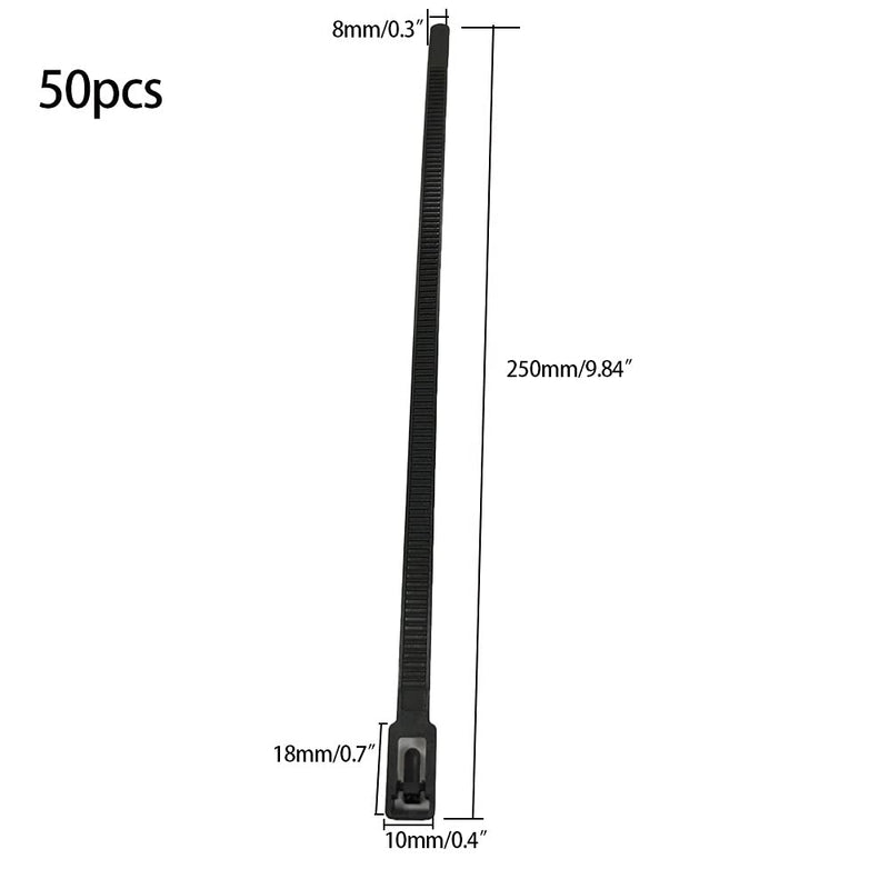  [AUSTRALIA] - BENLIUDH Reusable Zip Ties 9.8 Inch Heavy Duty Removable Cable Ties 50 Packs Indoor Outdoor Tie Wraps Black 9.8x0.3 inch