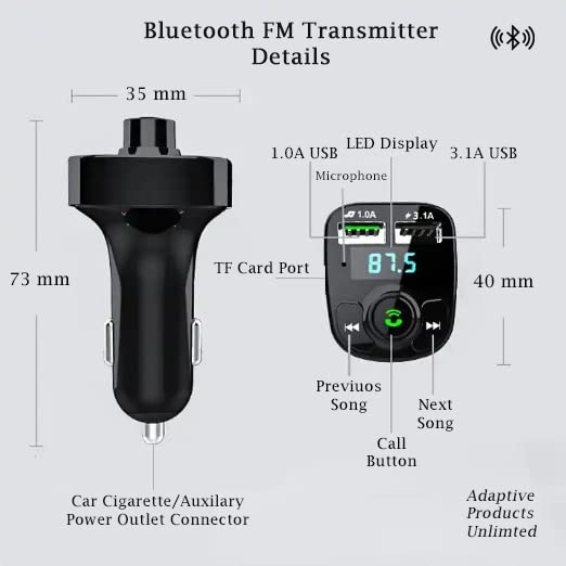  [AUSTRALIA] - Wireless Car Kit Bluetooth Adapter FM Transmitter MP3 Player — Dual USB Charging Port, Call Button, LED Display, Micro SD Card — Music, Radio, Stereo, Calling, Smart Phone, Vehicle Accessory