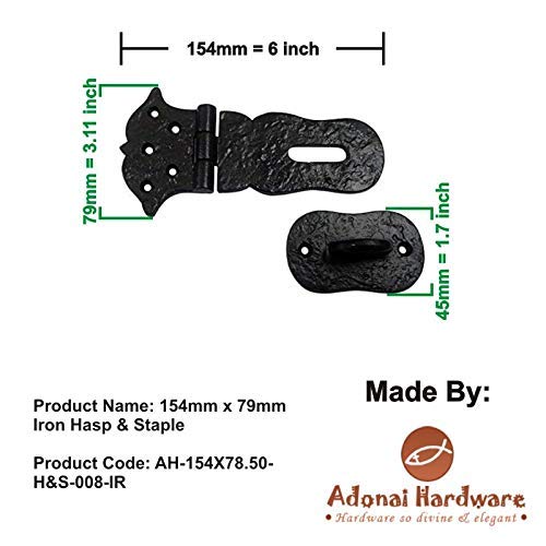  [AUSTRALIA] - Adonai Hardware "Paran Heavy Duty Antique Cast Iron Safety Locking Hasp and Staple (6" x 1 Pack, Matte Black) for Vintage Pirates Treasure Chest, Trunk, Wooden Jewelry Box, Cases, Furniture and Sheds 6 Inch x 1 Pack Matte Black Powder Coated