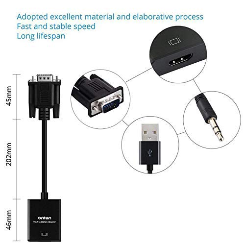  [AUSTRALIA] - VGA to HDMI, Onten 1080P VGA to HDMI Adapter (Male to Female) for Computer, Desktop, Laptop, PC, Monitor, Projector, HDTV with Audio Cable and USB Cable (Black)