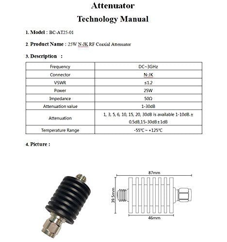  [AUSTRALIA] - BECEN 25W N Male to Female Connector RF attenuator,1-30db,DC to 3GHz,50 Ohm (20db) 20db