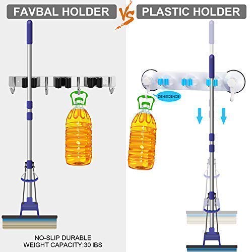  [AUSTRALIA] - Broom Mop Holder Wall Mount,Favbal Garage Organization Tool Organizer Storage Broom Closet Kitchen Organization Heavy Duty Garage Tools Hanger with 3 Racks 4 Hooks for Home Kitchen Garden Laundry Room