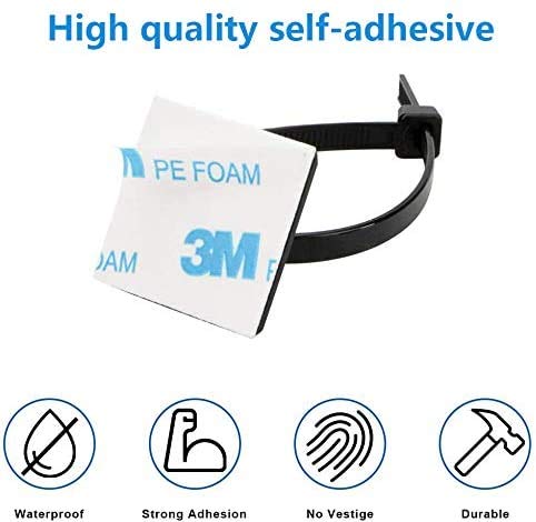  [AUSTRALIA] - Black Cable Tie Zip Self Adhesive Mounts Set, Cable Base Holders with Multi-Purpose Sticky Pads 100 sets