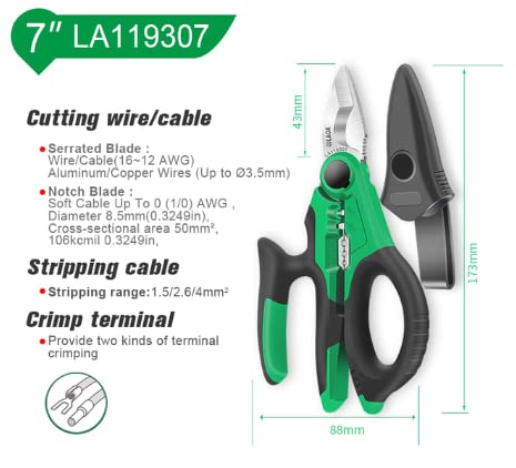  [AUSTRALIA] - LAOA Electricians Scissors Stainless Serrated Teeth 7 inch with Multi-Grip,Blade Sheath 7in Electricians Scissors