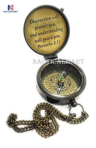 NauticalMart Brass Compass Will Protect You Proverbs 2:11 Antique Compass with Leather case Anchor Stamped - LeoForward Australia