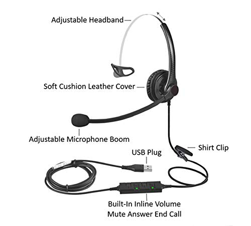  [AUSTRALIA] - USB Plug Hands-Free Call Center Noise Cancelling Corded Monaural Headset Headphone with Mic Mircrophone for Both Office PC VOIP Softphone and Telephone with USB Plug for Headset