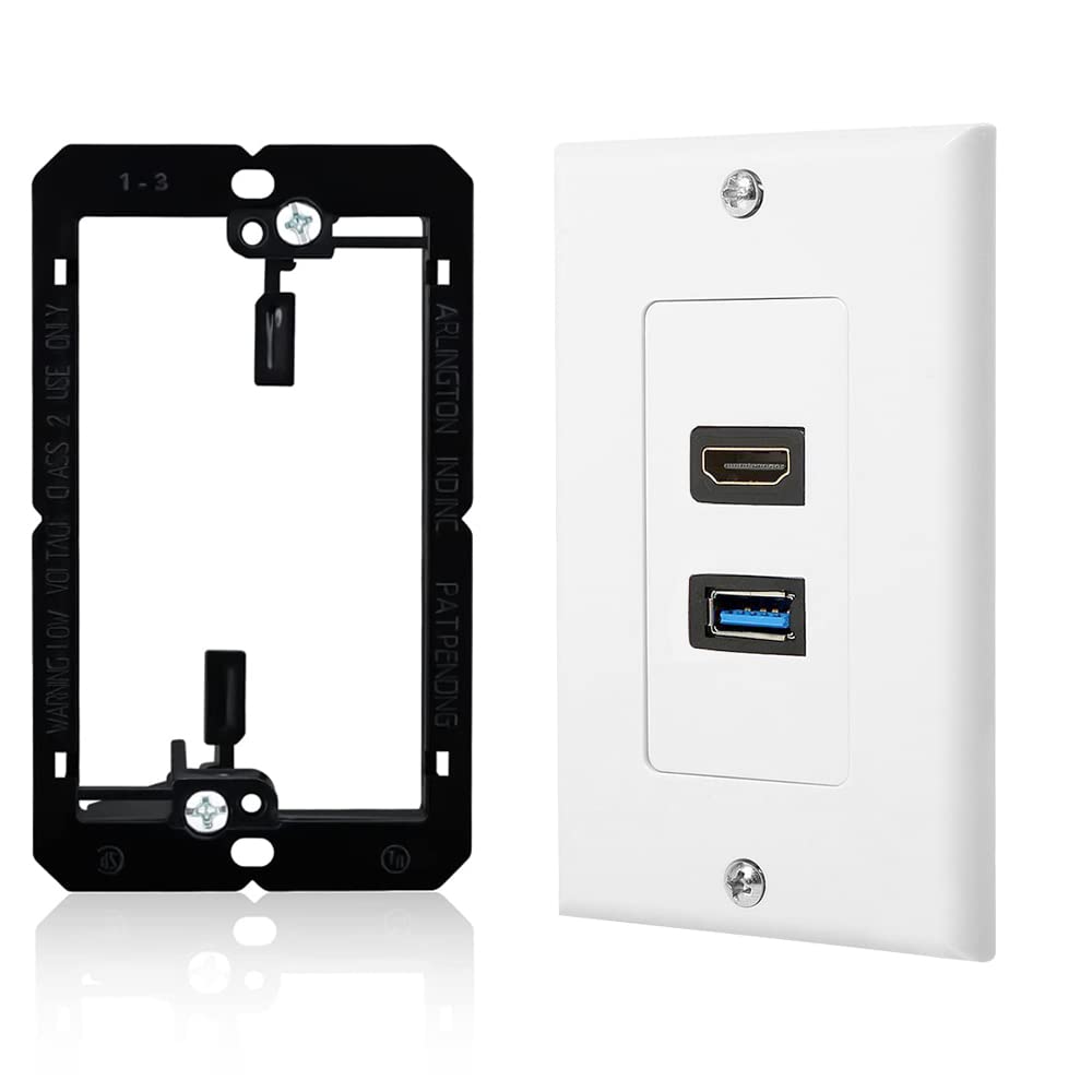  [AUSTRALIA] - HDMI USB Wall Plate with Low Voltage Mounting Bracket,USB 3.0 Charger & HDMI Port Receptacle for High Speed Charging,Wall Face Plate Plug Insert Panel Cable Mount Socket (1-Gang USB+HDMI),White Wall Plate with Mounting Bracket