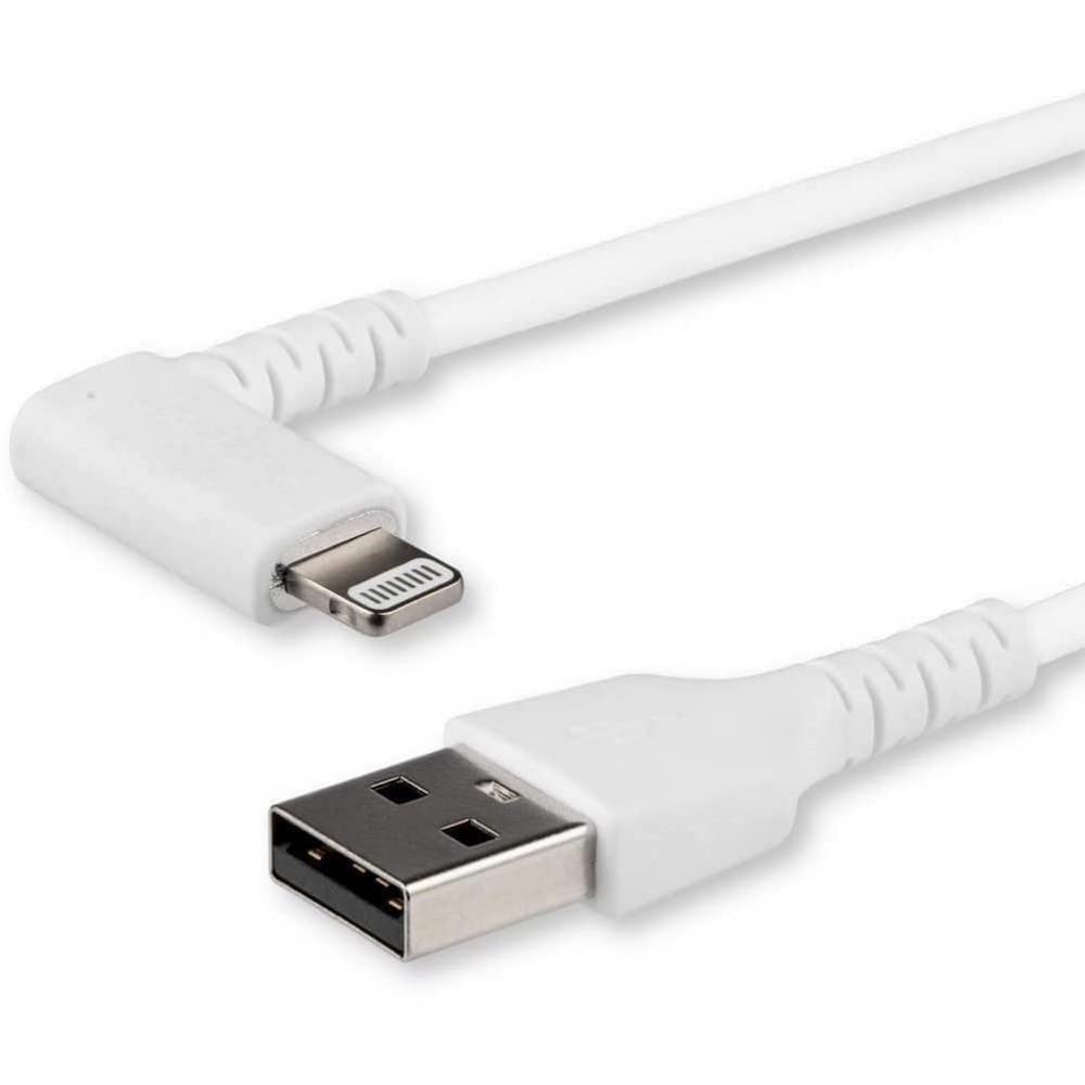  [AUSTRALIA] - StarTech.com 3ft (1m) Durable USB A to Lightning Cable - White 90 Right Angled Heavy Duty Rugged Aramid Fiber USB Type A to Lightning Charging/Sync Cord - Apple MFi Certified - iPhone (RUSBLTMM1MWR) 1m