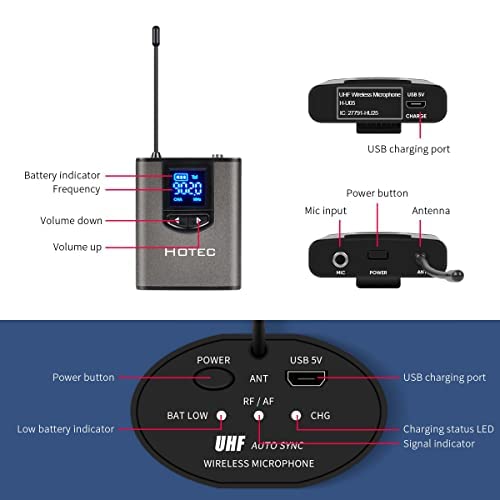  [AUSTRALIA] - HOTEC UHF Wireless Headset Microphone/Lavalier Lapel Mic with Bodypack Transmitter and Mini Rechargeable Receiver 1/4" Output for Vlogging or Speech silver