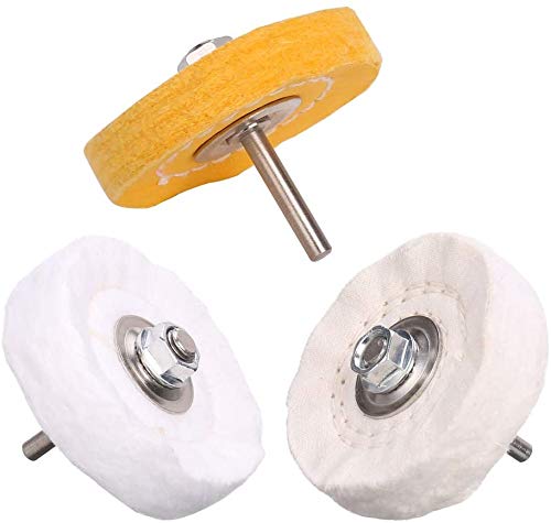  [AUSTRALIA] - SCOTTCHEN 3 Inch Ultra fine Cotton 1 Treated Yellow Cotton 1 Fine Cotton 1 Buffing Polishing Wheel 2/5 inch Arbor Hole for Mini Bench Grinder with one 1/4" Shank for Drill 3pcs