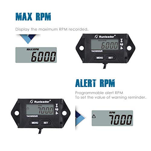  [AUSTRALIA] - Runleader Digital Hour Meter Tachometer, Maintenance Reminder, Alert RPM Reminder, Initial hours Settable, User shutdown, Use for ZTR Lawn Mower Generator Marine ATV Motor and Gas Powered Equipment