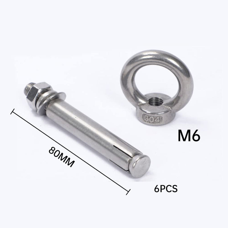  [AUSTRALIA] - 6Pack 304 Stainless Steel Expansion Bolt M6x80mm with Eyebolt Fastener Wall Concrete Brick Expansion Screw Closed Hook Anchor Bolt M6x80