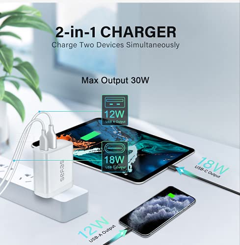  [AUSTRALIA] - USB Wall Charger, 30W 2 Port Charger with 18W USB C Power Adapter, Foldable Powerport PD Fast Charger for iPhone 12/12 Mini / 12 Pro / 12 Pro Max / 11 / X/XR/XS, iPad Pro, Pixel, Galaxy White