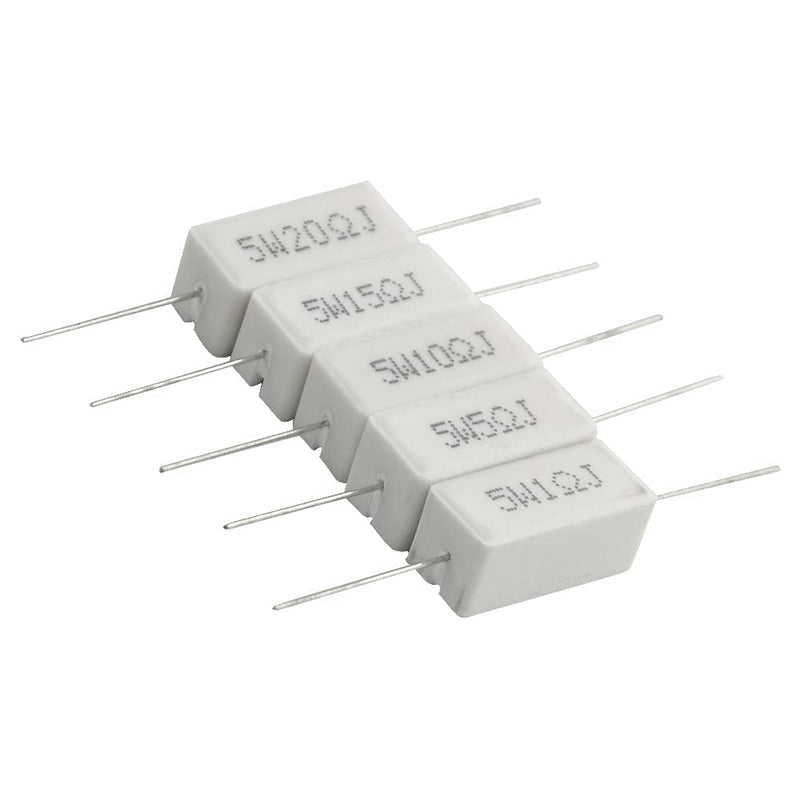 [AUSTRALIA] - BGTXINGI 25pcs 5W 1 Ohm 5 Ohm 10 Ohm 15 Ohm 20 Ohm Cement Resistors 5% Axial Line Power Resistor Ceramic Cement Resistor Wire Wound Solid Metal Full Range Resistors Kit White