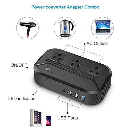 [AUSTRALIA] - Voltage Converter 2300W Power Step Down 220V to 110V Universal Travel Adapter Power Converter Power Transformer w/ 3 AC Outlets 3 USB Ports 1 Type-C Charging EU/UK/AU/US/IT/South Africa Black