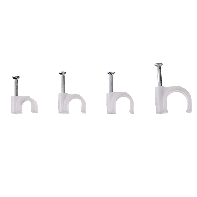  [AUSTRALIA] - HUAREW 4 Sizes 400 Pcs White Plastic Steel Nail Cable Clips Apply to RG6 RG59 CAT5 CAT6 Ethernet/TV Wire/Telephone/Led Starlight/Print Cable Round Management Cable Wire Clips 6/7/8/10 mm