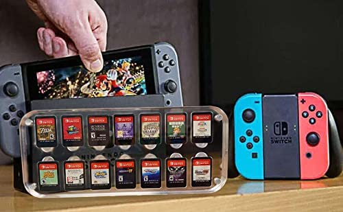  [AUSTRALIA] - X-Richmen 14 in 1 Game Card Case for Nintendo Switch Acrylic Storage Box Transparent Display Cabinet of Switch Game Card Cartridge, Gift Box of Mario Mushroom Red and Blue Thumb Grip 2PCS