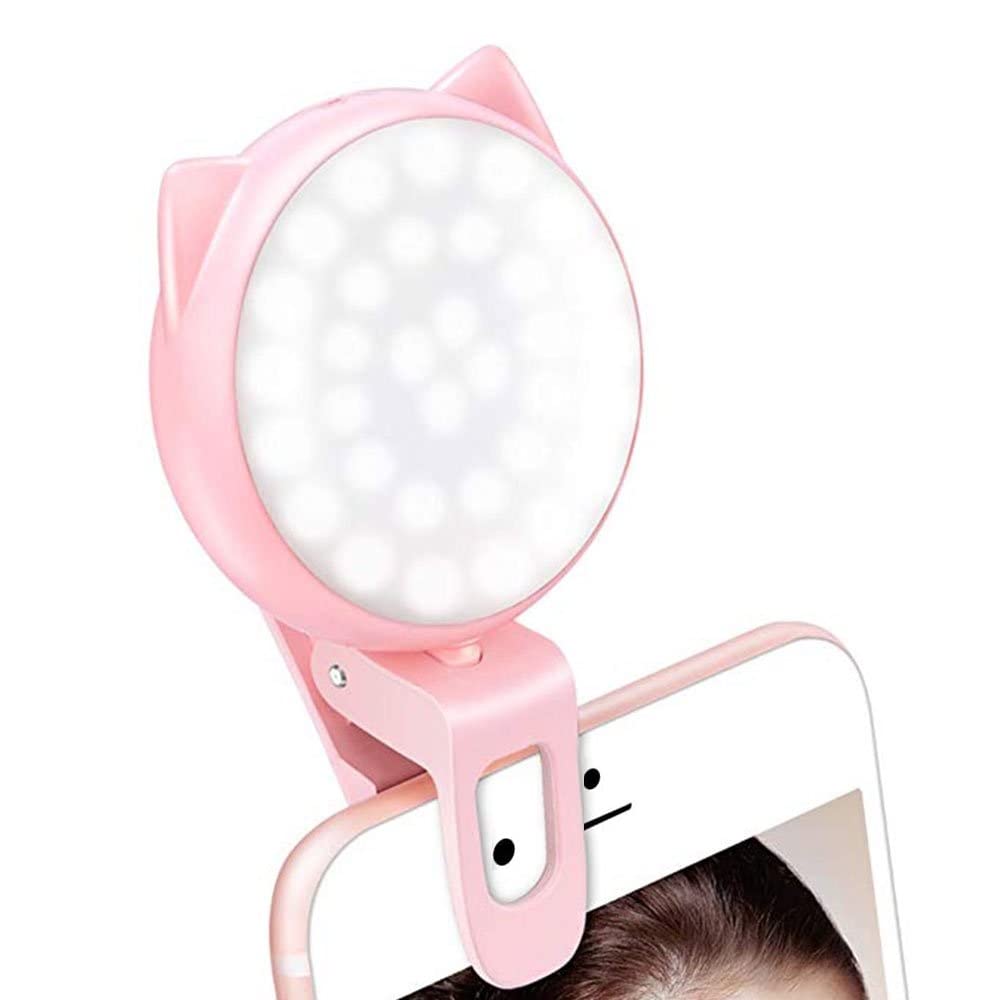  [AUSTRALIA] - OURRY Selfie Clip on Ring Light, Mini Rechargeable 9 Level Adjustable Brightness Light with 32 LED, 2-8 Hours, USB Flash Lighting for iPhone/Android Cell Phone Photography,Video, Vlogging - Pink