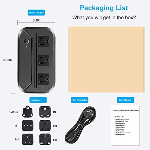  [AUSTRALIA] - Voltage Converter 2300W Power Step Down 220V to 110V Universal Travel Adapter Power Converter Power Transformer w/ 3 AC Outlets 3 USB Ports 1 Type-C Charging EU/UK/AU/US/IT/South Africa Black