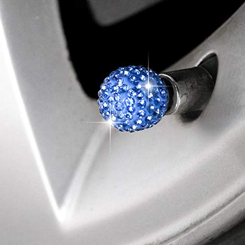  [AUSTRALIA] - MIYATO 4Pcs Crystal Rhinestone Universal Tire Valve Dust Caps Bling Car Accessories with 1Pcs Auto Engine Start Stop Decoration Crystal Interior Ring,Give her The Best Gift (Blue) Blue