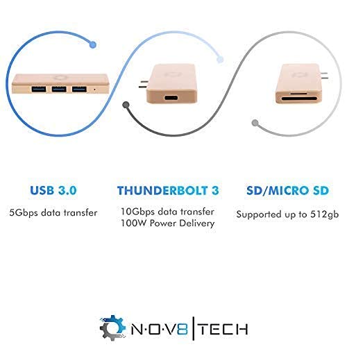 NOV8Tech USB C Hub Dongle for MacBook Air M1 2021/2020/2019/2018, 6 in 2 Gold Macbook Multiport Adapter, 100W USB-C Hub Power Delivery PD, 3X USB 3.0, Micro SD/SD Card Readers 6in2 - LeoForward Australia