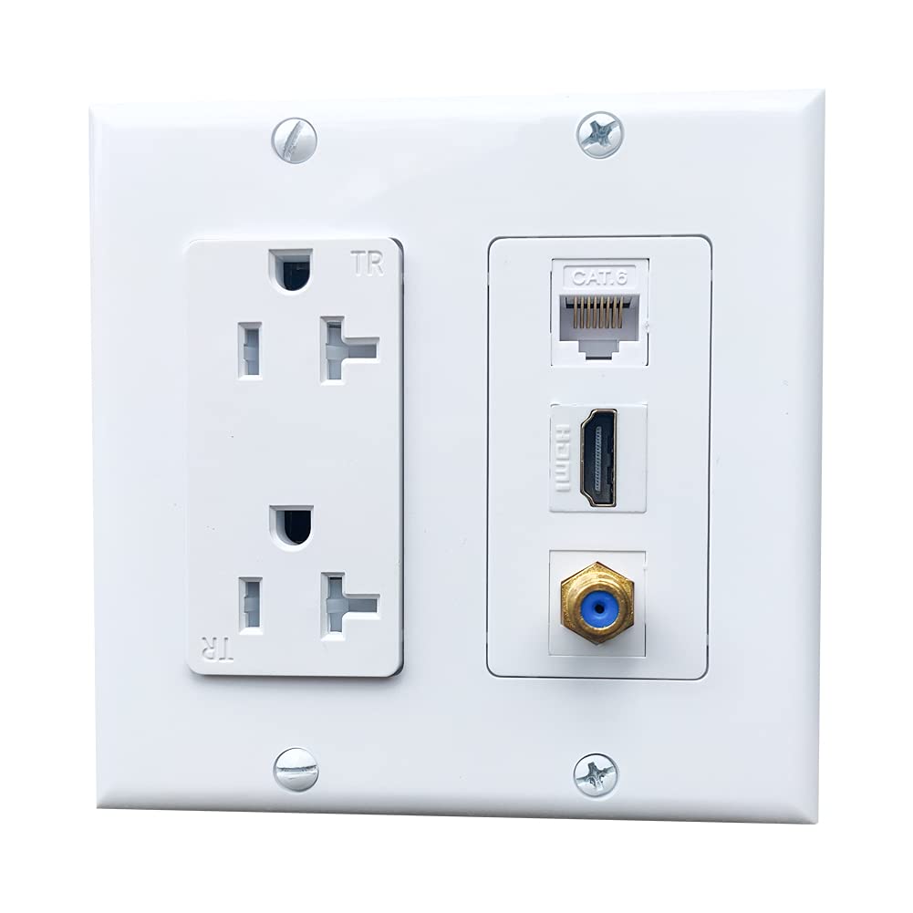  [AUSTRALIA] - BOPLAT Double Gang 20Amp Power Outlet with Ethernet Coax HDMI Wall Plate - Electrical Wall Outlet with 1 Port HDMI + 1 CAT6 RJ45 Keystone Jack + 1 Coax Cable TV F Type Face Plate - White HDMICAT6+F