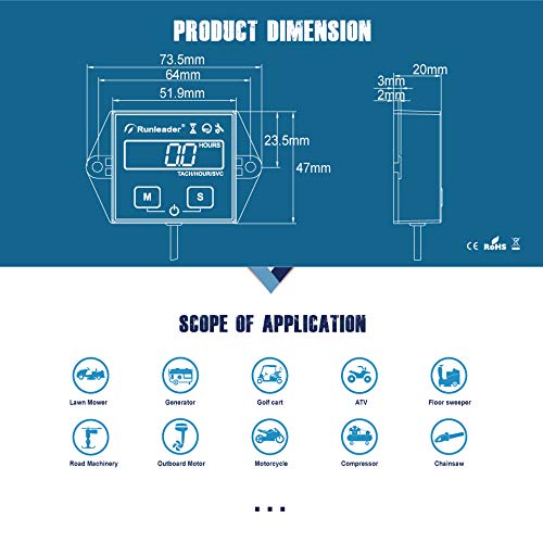  [AUSTRALIA] - Runleader Backlight Hour Meter Tachometer, Maintenance Reminder, Battery Replaceable, User Shutdown,Use for Lawn Mower Tractor Generator Marine Outboard ATV Motor Snowmobile and Gas Powered Equipment