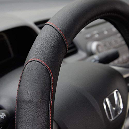  [AUSTRALIA] - Motor Trend GripDrive Synthetic Leather Auto Car Steering Wheel Cover Black w/ Red Accent Stitching Comfort Grip - Standard 15 inch Black with Red