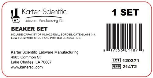 Karter Scientific 214T2, 3.3 Boro, Griffin Low Form, Glass Beaker Set - 3 Sizes - 50ml, 100ml, 250ml 50 / 100 / 250mL LOW FORM - STANDARD - LeoForward Australia