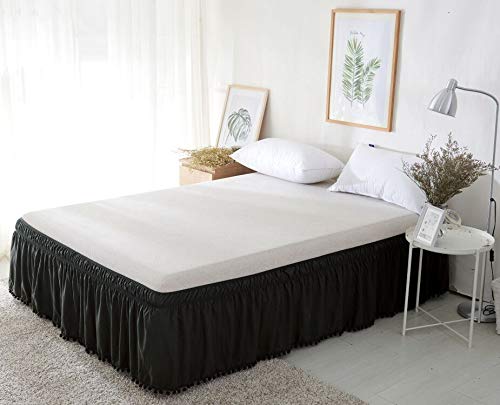  [AUSTRALIA] - Elegant Comfort Luxury Top-Knot Tassle Pompom Fringe Ruffle Bed Skirt -Wrap Around Style- Elastic Bed Wrap- Wrinkle Resistant 16inch Drop, Queen/King, Black