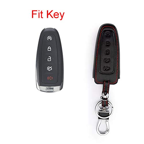  [AUSTRALIA] - RoyalFox 5 Buttons Genuine Leather Smart keyless Entry Remote Key Fob case Cover Keychain for Ford Edge Escape Explorer Flex Focus Taurus Fusion C-Max Lincoln MKS MKT MKX M3N5WY8609