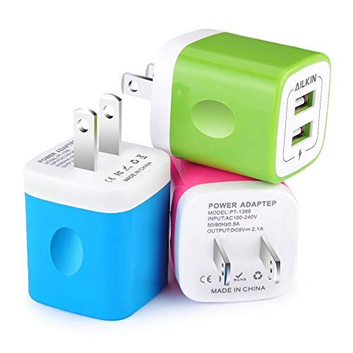  [AUSTRALIA] - Wall Charger, [3-Pack] 5V/2.1AMP Ailkin Colorful 2-Port USB Wall Charger Home Travel Plug Power Adapter Charging Block for iPhone 14 13 12 Pro Max 11 SE X XR XS 8 Plus, Samsung Galaxy, Kindle Fire Box Multicolored1