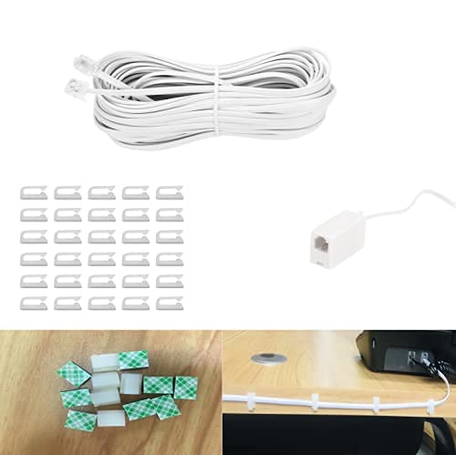  [AUSTRALIA] - 100 Feet Long Telephone Extension Cord Phone Cable Line Wire, with Standard RJ11 Plug and 1 in-Line Couplers and 20 Cable Clip Holders-White (White 30 M) white 30 M