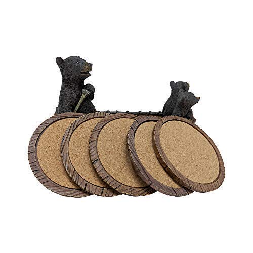  [AUSTRALIA] - Black Bear Canoe Coaster Set with Holder - Pine Ridge 3 Rustic Black Bear Cabin Decor Absorbent Coaster Drink - Set of 5 Drink Coaster Set Three Black Bears Canoeing