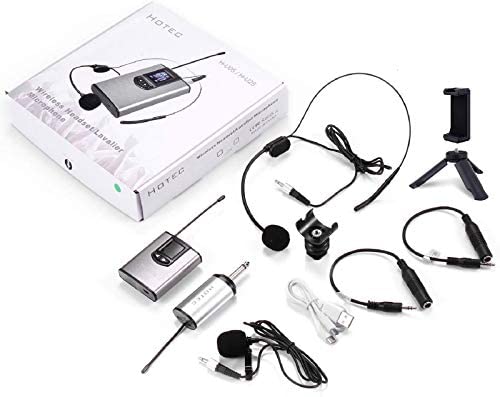  [AUSTRALIA] - HOTEC UHF Wireless Headset Microphone/Lavalier Lapel Mic with Bodypack Transmitter and Mini Rechargeable Receiver 1/4" Output for Vlogging or Speech silver