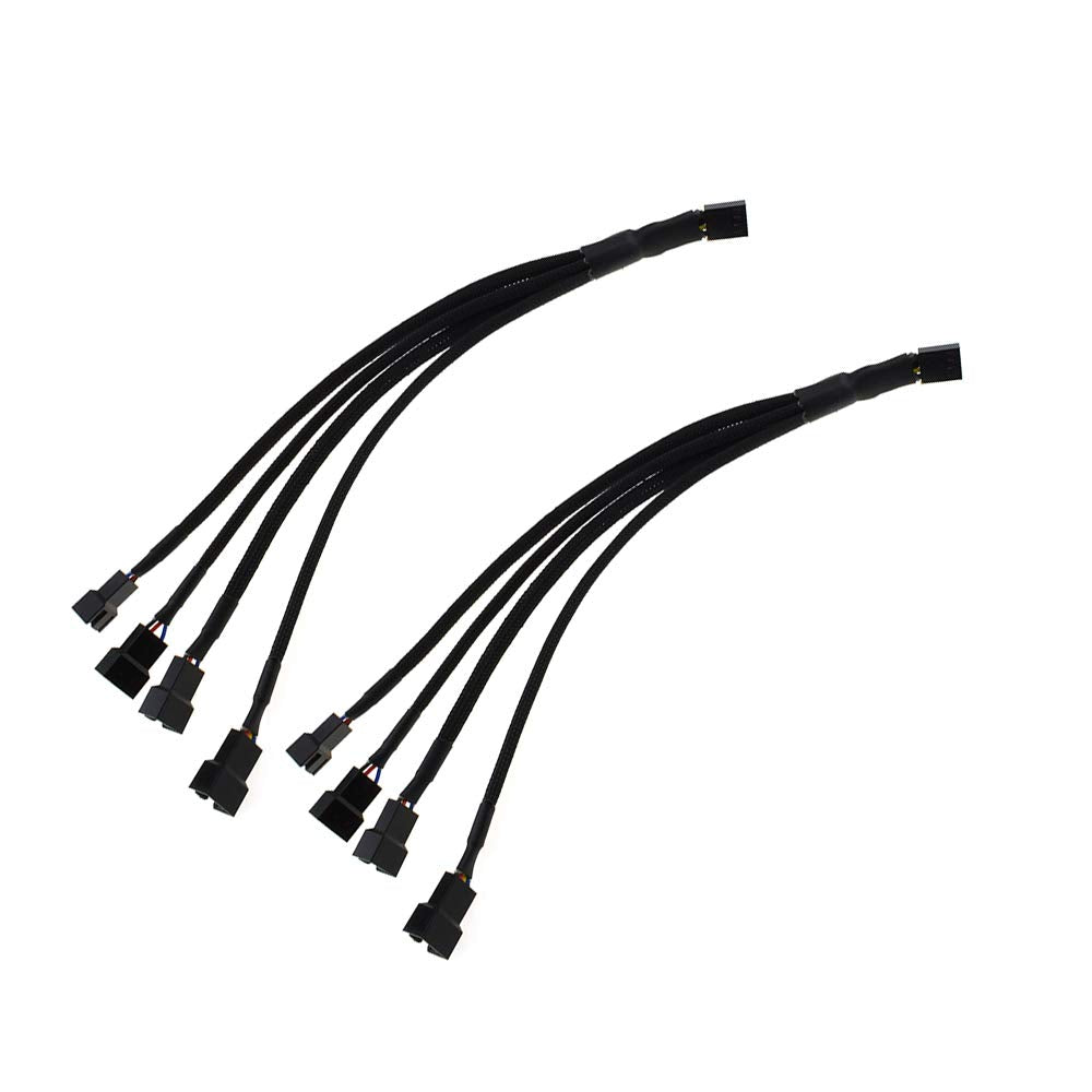  [AUSTRALIA] - Boscoqo 4 Pin PWM Fan Splitter Cable Case Fan Extension 1 to 4 Connectors Y Cable for PC CPU Fan Header MOBO Corsair Black Sleeved Braided Female to Male 10.5 inches Fan Speed Pin 2 Pack 1to4 2 Pieces