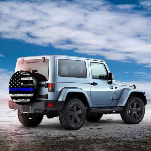 MSGUIDE Spare Wheel Tire Cover Thin Blue Line American Flag Weatherproof Tire Protectors for Jeep Trailer RV SUV Truck and Many Vehicles (14" 15" 16" 17") 15'' for diameter 27''-29'' - LeoForward Australia