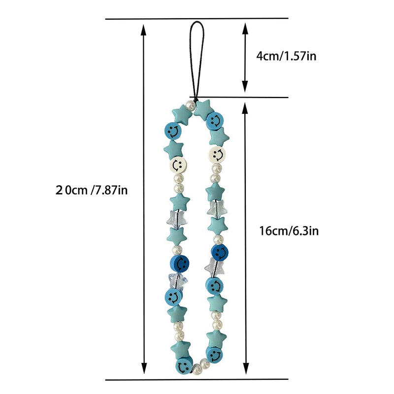  [AUSTRALIA] - Smiley Face Beaded Phone Lanyard Wrist Strap Handmade Rainbow Polymer Clay Acrylic Beads Pearl Bracelet Keychain for Women Blue