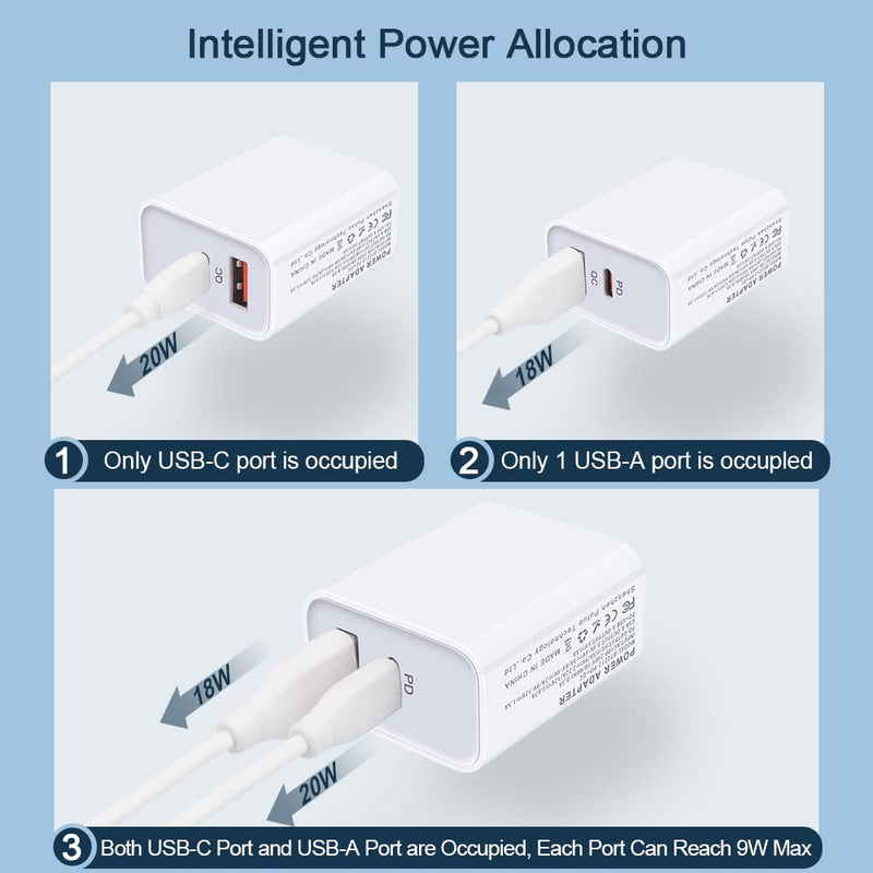  [AUSTRALIA] - Dual-Port USB-A and USB-C Wall Charger, 3Pack 20W Power Delivery + QC 3.0 iPhone Charger Fast Charging Block for iPhone 14/14 Pro/14 Pro Max/14 Plus/13/13 Pro/13 Pro Max/13 Mini/12 Pro Max/11/SE/XR/X White