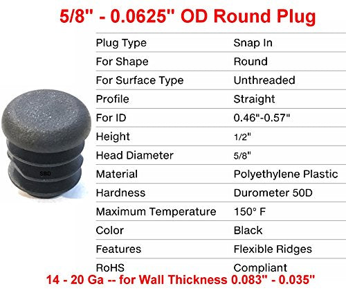 (Pack of 25) 5/8" OD Round End Caps (14-20 Ga for 0.46" - 0.57" Inside Diameter) 0.625 Inch Round Head Sliding Inserts | Furniture Chair/Table Leg Caps | Fitness Eqpt End Caps | by SBD - LeoForward Australia