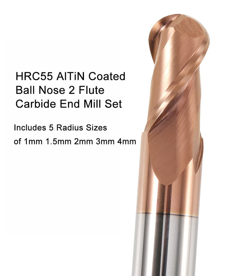  [AUSTRALIA] - ASNOMY 5-piece solid carbide radius cutter ball nose cutter 2 teeth - AlTiN coating HRC 55, carbide ball nose cutter, CNC engraving cutter for metal, contains 5 radius sizes of 1 mm 1.5 mm 2 mm 3 mm 4 mm 5 pieces radius sizes of 1/1.5/2/ 3/4mm