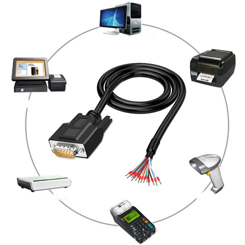  [AUSTRALIA] - Jienk 6.56Ft 24AWG HD15 Male RS232 15Pin Serial Extension Cable, DB15 3Row 15-Pin Gold Plated Connector with Bare Wire End Cable VGA Male