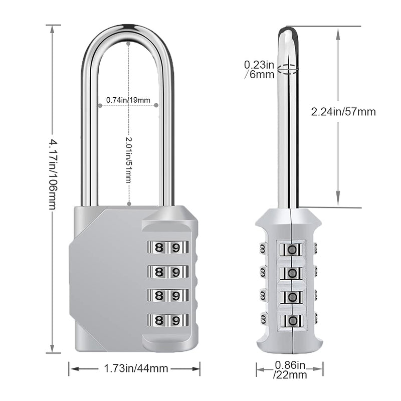  [AUSTRALIA] - ZHEGE Long Shackle Padlock 2 Pack, 4 Digit Combination Lock, Resettable Weatherproof Combo Lock for School, Gym, Employee Locker, Outdoor, Fence SliverL2