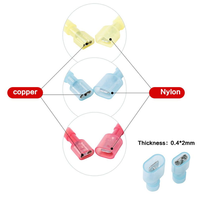  [AUSTRALIA] - Onite 100pcs Wire Connectors, (Red 22-16AWG, Blue 16-14AWG, Yellow 10-12AWG), Fully Insulated Male & Female Spade Nylon Quick Disconnect Electrical Crimp Cold-Pressed Terminals Assortment Kit