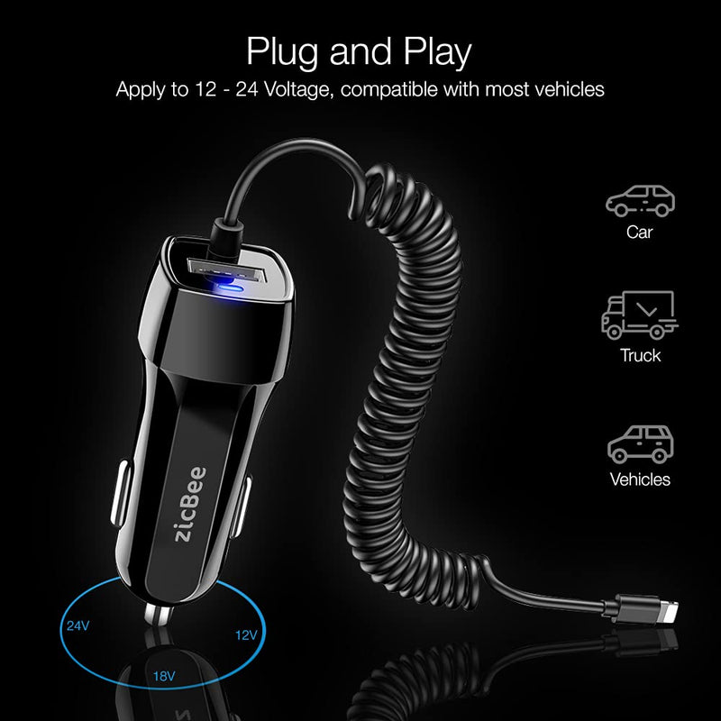  [AUSTRALIA] - Car Charger for iPhone, 3.6A/18W Built-in 4.9ft Spiral Lightning Coiled Cable, 12-24V Fast Charging Cigarette Lighter Plug Adapter for iPhone 14 13 12 11 Mini Pro Max Plus XR SE XS X 8 7 6 5, iPad